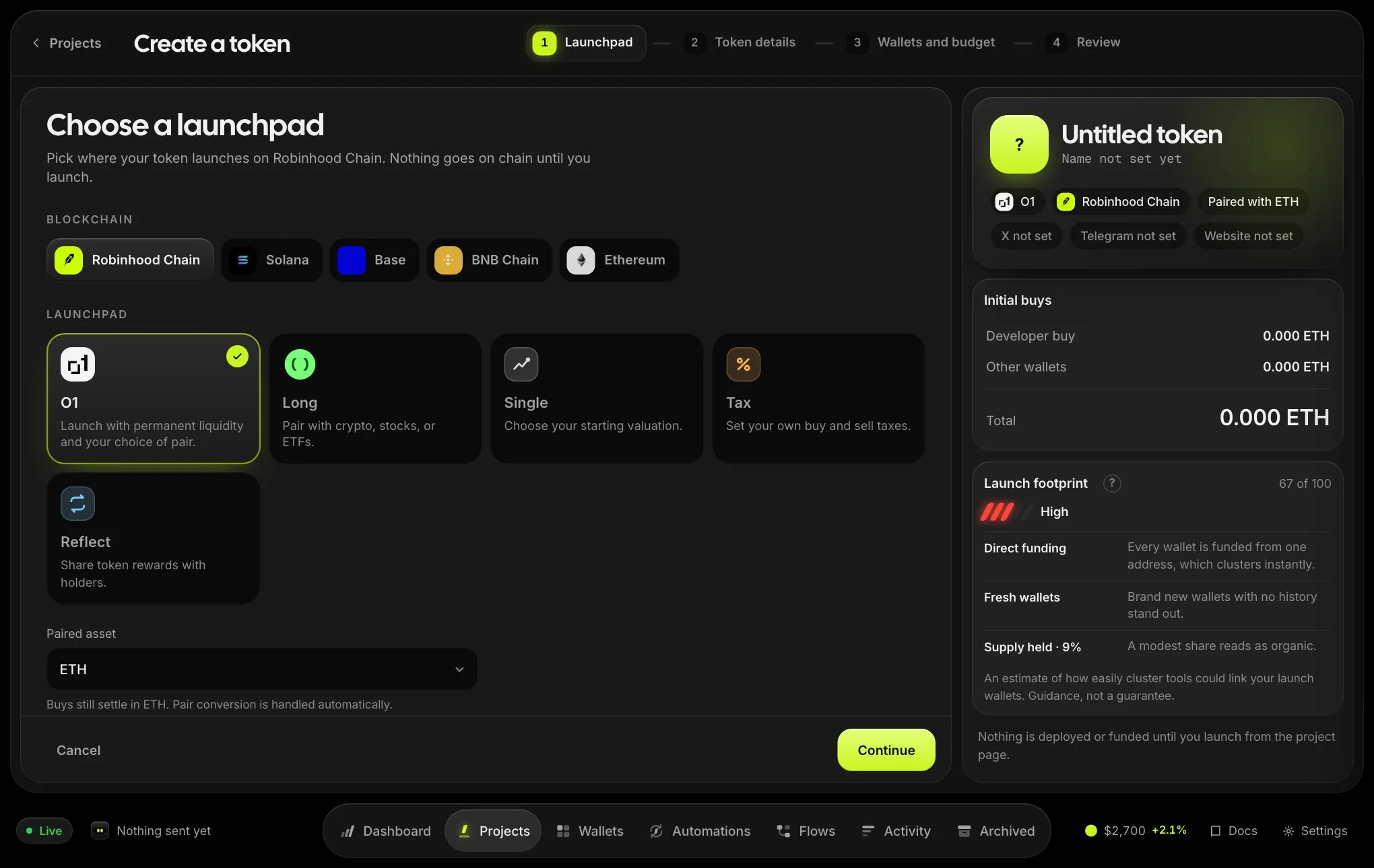 Step one of Create a token, with the chain and launchpad choices