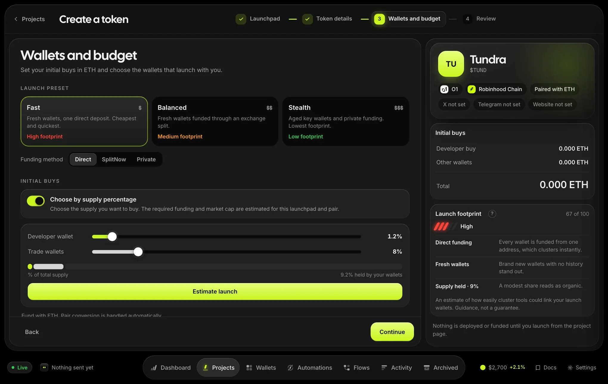 The Fast, Balanced and Stealth presets with the launch footprint on the right