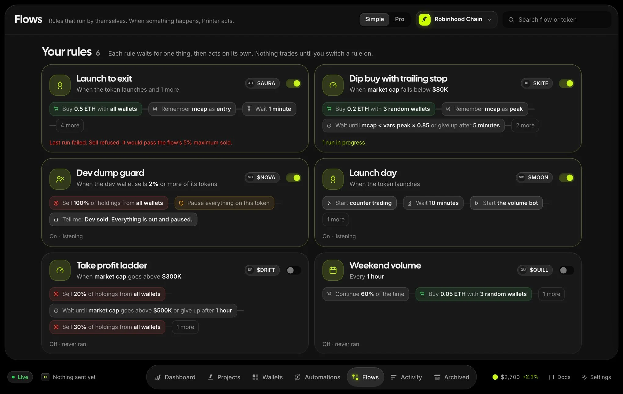 The Flows page listing rules with their token and status