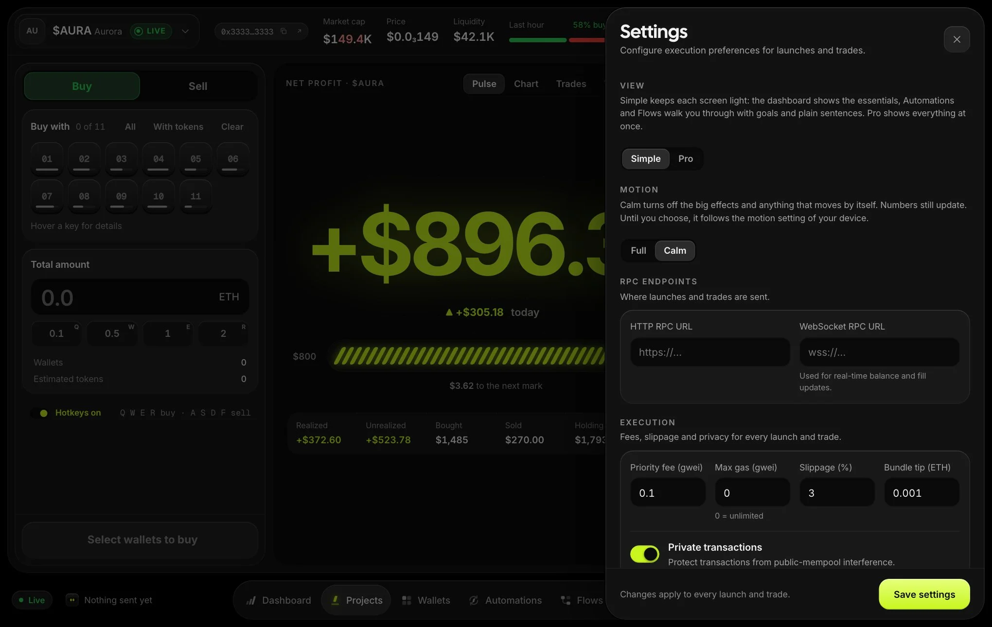 The Settings panel