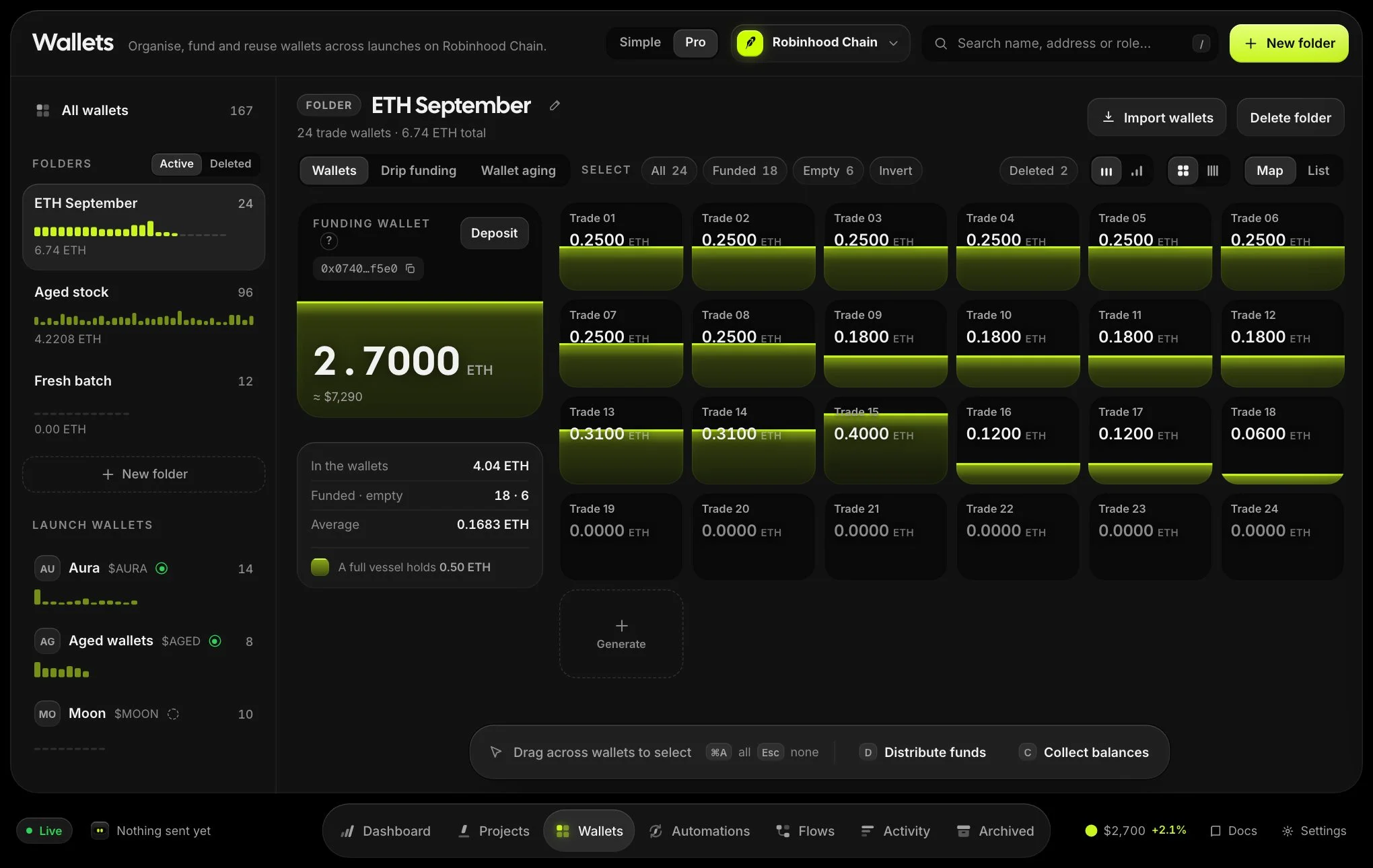 The Wallets page with folders on the left and each wallet shown as a vessel